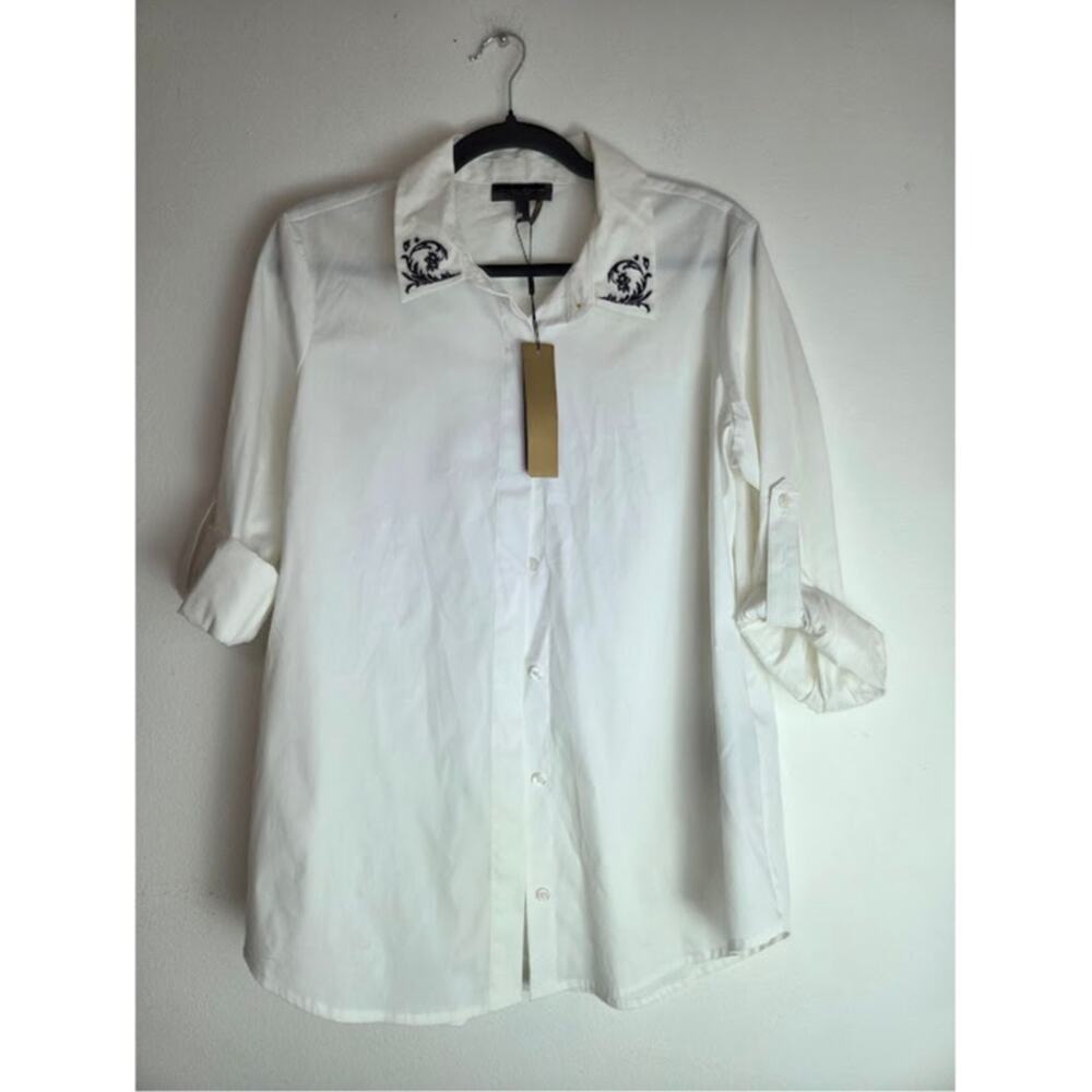 NWT Donna Karen White w/Black Embroidery Cotton Button Up Blouse size Large